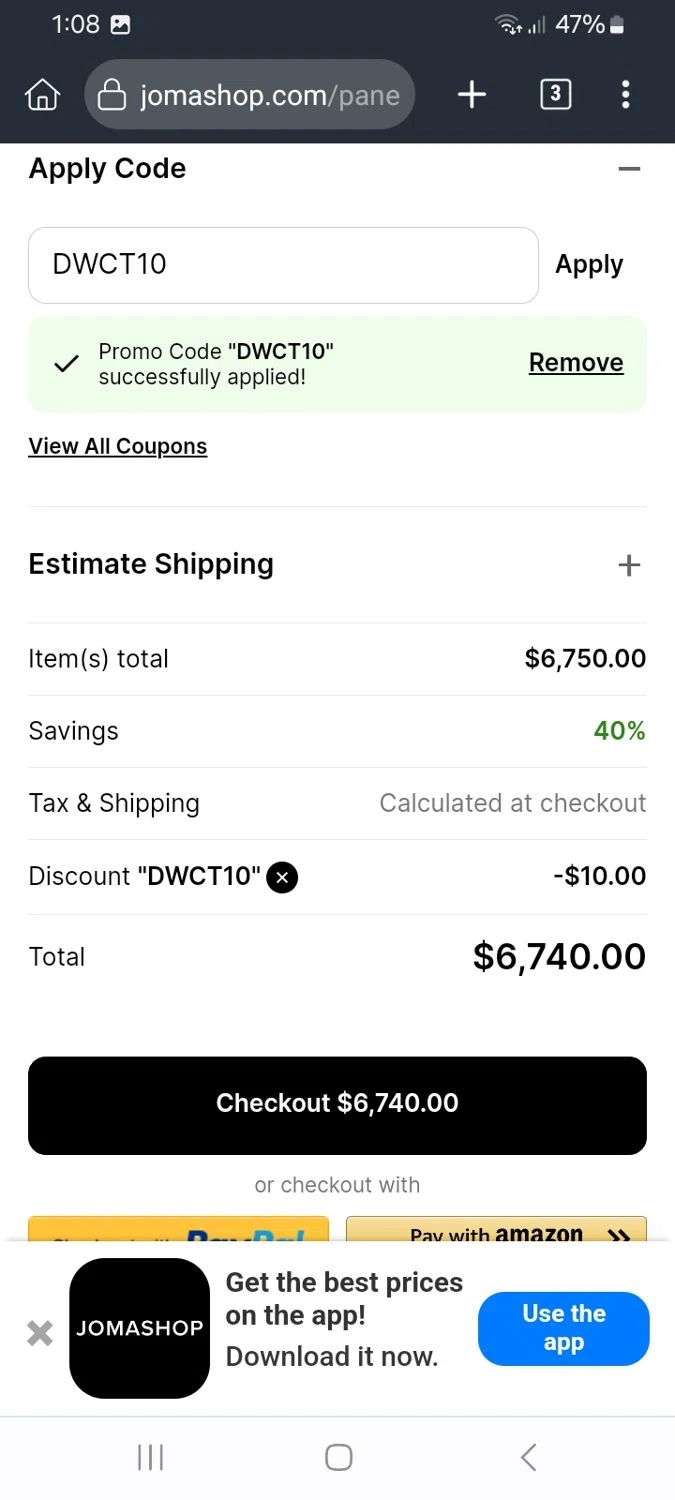 JomaShop coupon code screenshot showing code DWCT10 applied at JomaShop checkout page. Uploaded by SimplyCodes community member ScanMaverick9378 on Aug 29, 2025