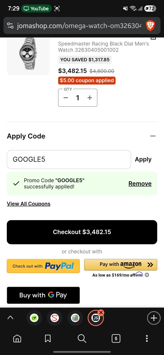 JomaShop coupon code screenshot showing code GOOGLE5 applied at JomaShop checkout page. Uploaded by SimplyCodes community member GoldLynx7797 on Jul 20, 2025