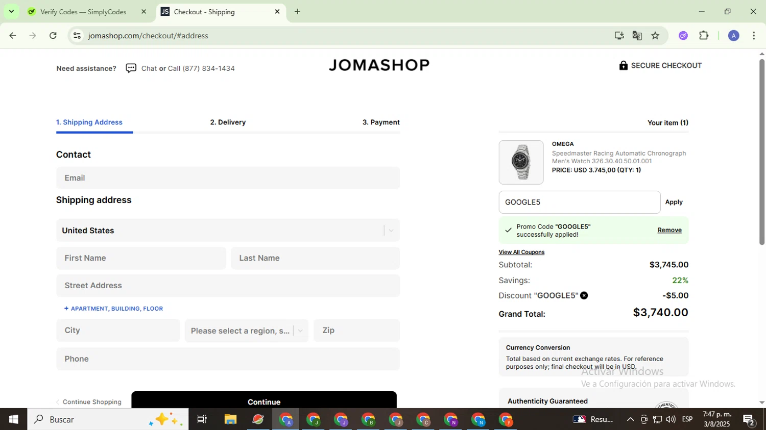 JomaShop coupon code screenshot showing code GOOGLE5 applied at JomaShop checkout page. Uploaded by SimplyCodes community member TreasureCaptain5531 on Aug 4, 2025