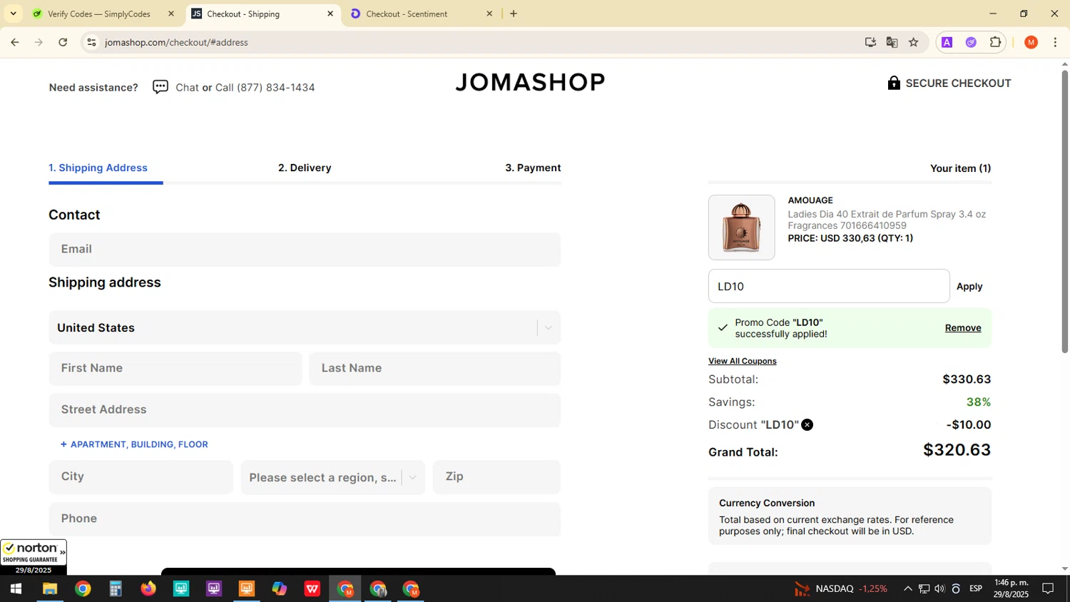 JomaShop coupon code screenshot showing code LD10 applied at JomaShop checkout page. Uploaded by SimplyCodes community member ExtraordinaryDefender1444 on Aug 29, 2025