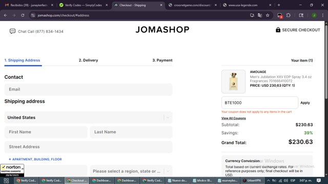 JomaShop checkout page showing JomaShop coupon code box | Screenshot taken by SimplyCodes community member on Aug 28, 2025