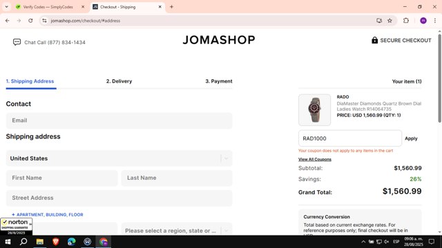 JomaShop checkout page showing JomaShop coupon code box | Screenshot taken by SimplyCodes community member on Aug 28, 2025
