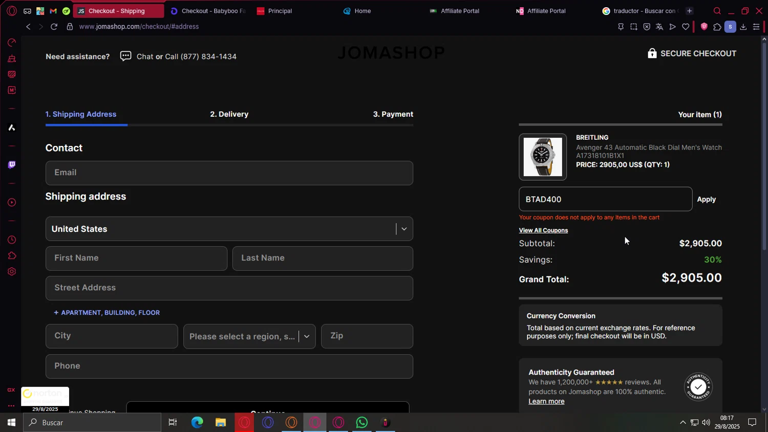 JomaShop coupon code screenshot showing code BTAD400 applied at JomaShop checkout page. Uploaded by SimplyCodes community member cajax_manda on Aug 29, 2025