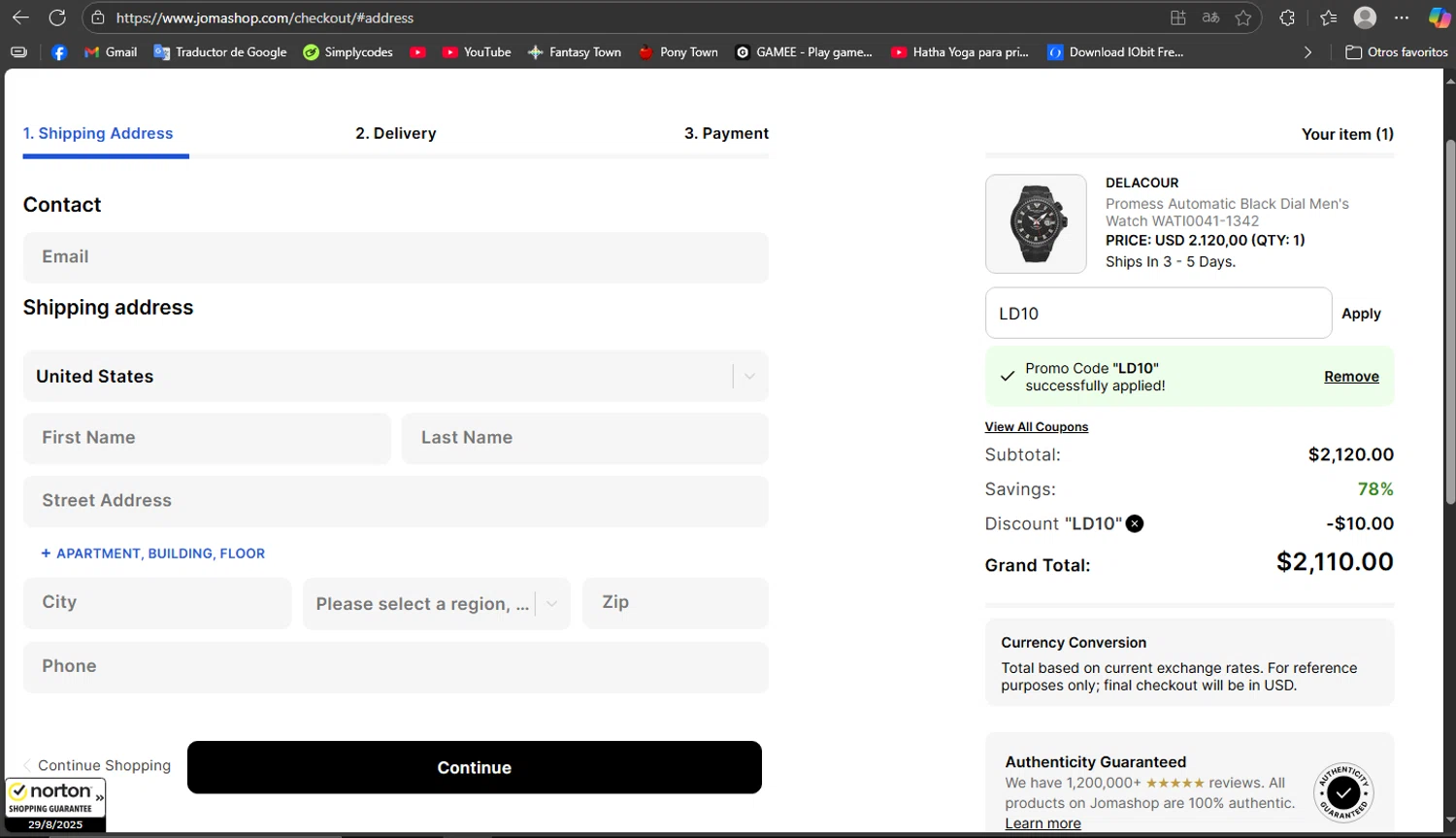 JomaShop coupon code screenshot showing code LD10 applied at JomaShop checkout page. Uploaded by SimplyCodes community member MoneyRanger9663 on Aug 29, 2025