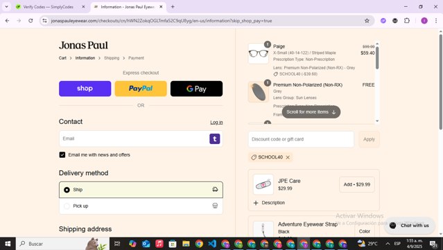 Jonas Paul Eyewear checkout page showing Jonas Paul Eyewear promo code box | Screenshot taken by SimplyCodes community member on Sep 4, 2025