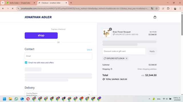 Jonathan Adler checkout page showing Jonathan Adler coupon code box | Screenshot taken by SimplyCodes community member on Sep 3, 2025