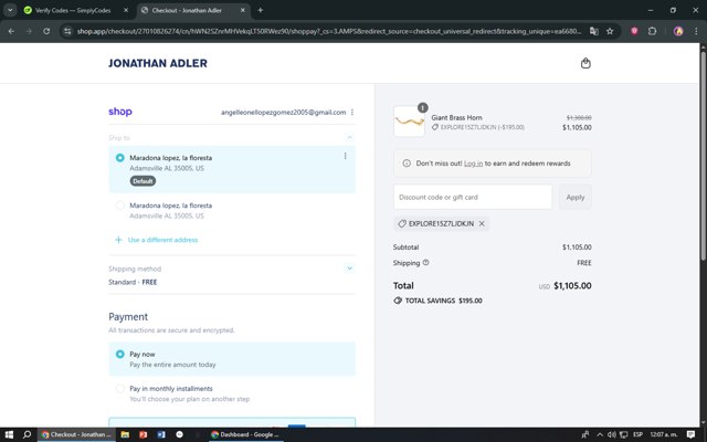 Jonathan Adler checkout page showing Jonathan Adler coupon code box | Screenshot taken by SimplyCodes community member on Sep 1, 2025