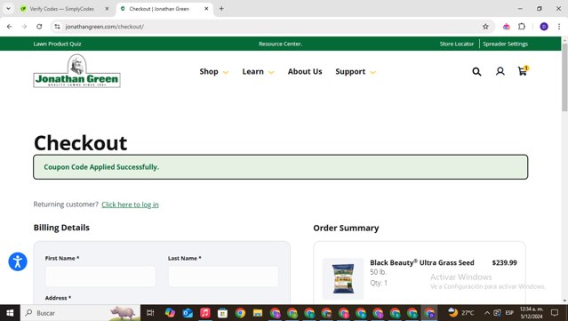 Jonathan Green checkout page showing Jonathan Green promo code box | Screenshot taken by SimplyCodes community member on Dec 5, 2024