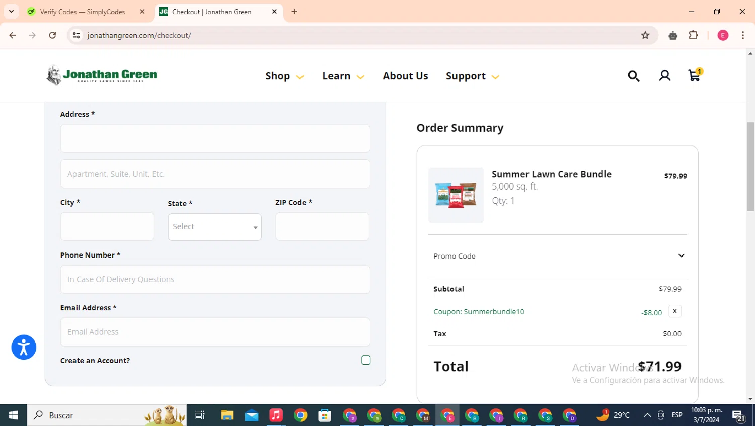 where to use Jonathan Green promo code box