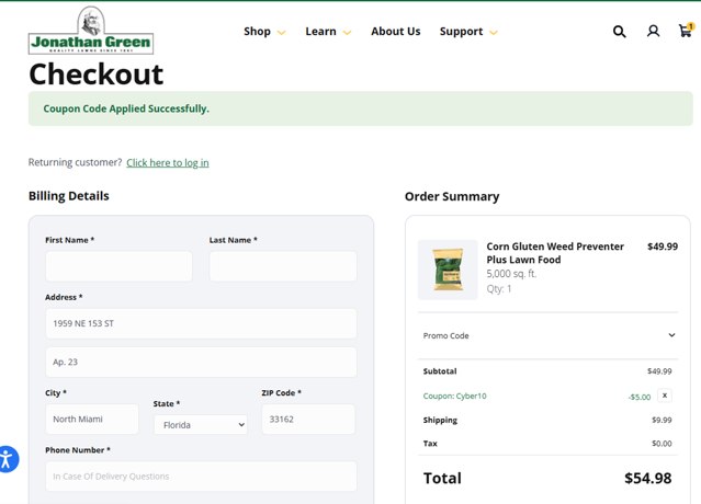 Jonathan Green checkout page showing Jonathan Green promo code box | Screenshot taken by SimplyCodes community member on Dec 2, 2024