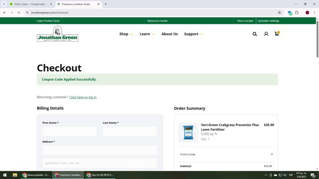 Jonathan Green checkout page showing Jonathan Green promo code box | Screenshot taken by SimplyCodes community member on Sep 4, 2025