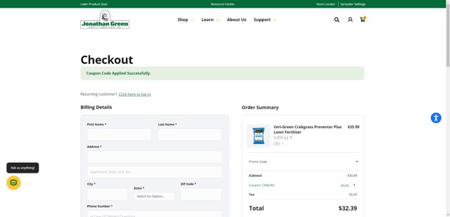 Jonathan Green checkout page showing Jonathan Green promo code box | Screenshot taken by SimplyCodes community member on Aug 11, 2025
