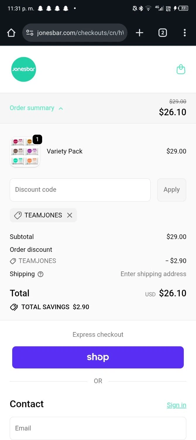 Jonesbar promo code screenshot showing code TEAMJONES applied at Jonesbar checkout page. Uploaded by SimplyCodes community member Sasuk3 on Oct 11, 2025