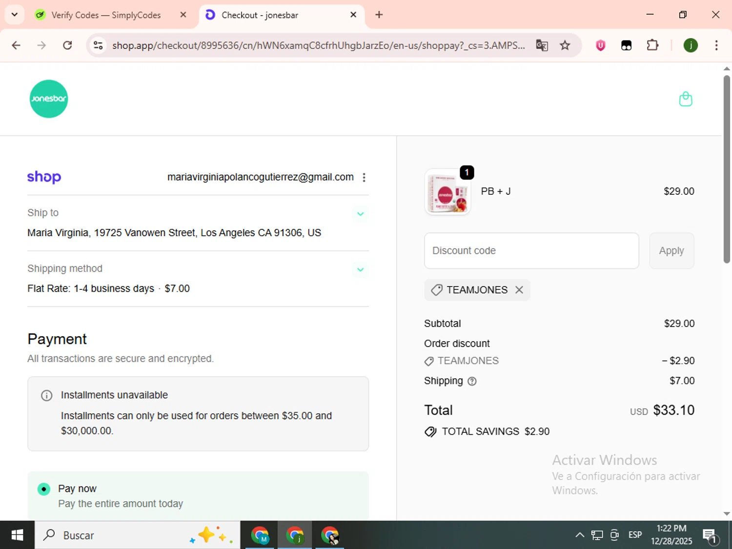 Jonesbar promo code screenshot showing code TEAMJONES applied at Jonesbar checkout page. Uploaded by SimplyCodes community member SavingsCollector2592 on Dec 28, 2025