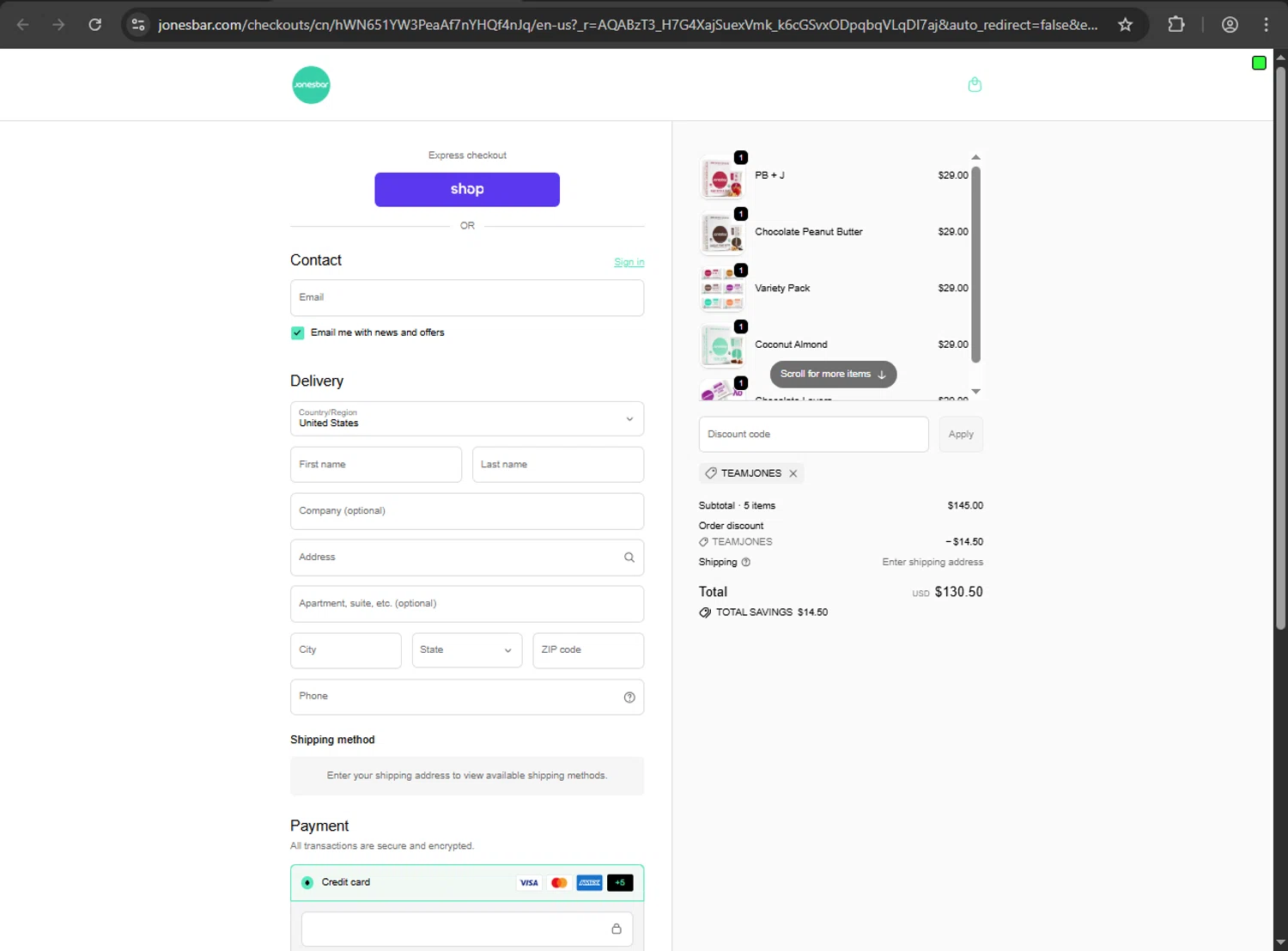 Jonesbar promo code screenshot showing code TEAMJONES applied at Jonesbar checkout page. Uploaded by SimplyCodes community member zzzzzzza on Dec 5, 2025