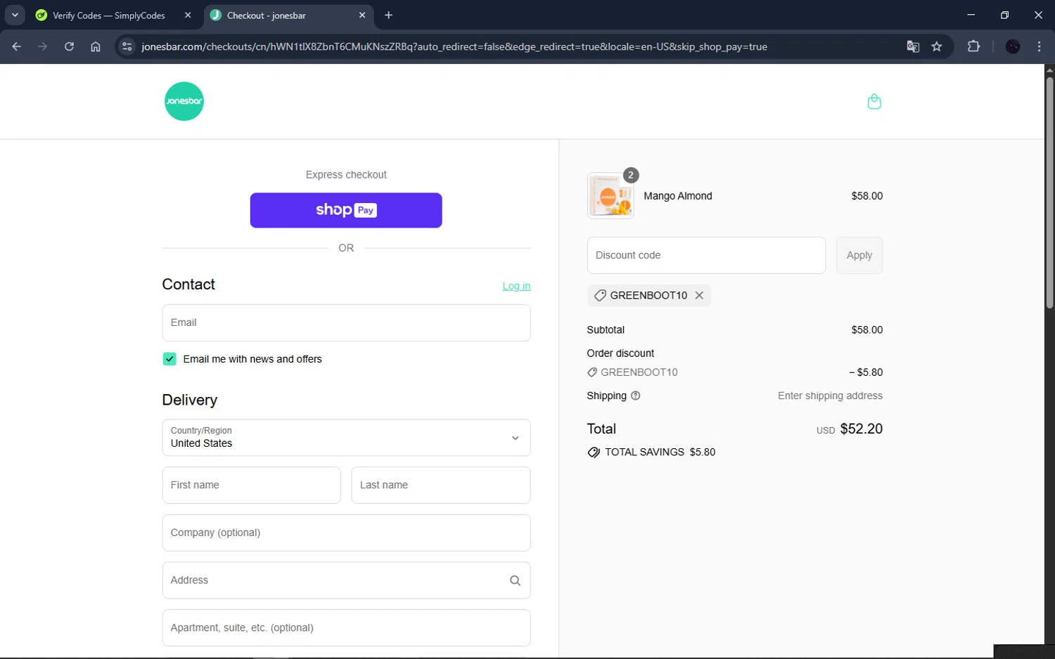 Jonesbar promo code screenshot showing code GREENBOOT10 applied at Jonesbar checkout page. Uploaded by SimplyCodes community member bombardino on Aug 17, 2025