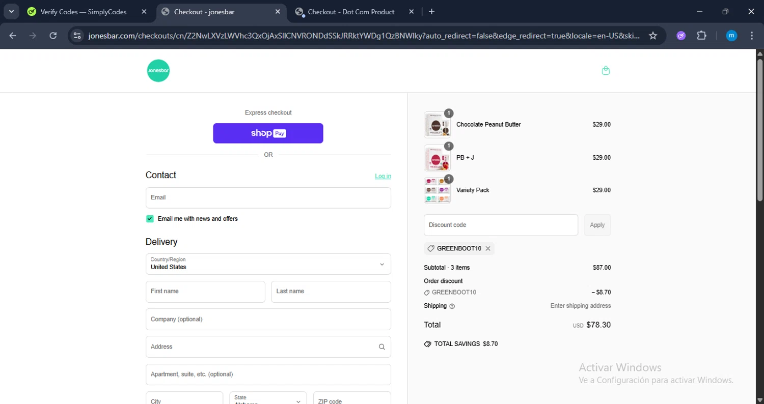 Jonesbar promo code screenshot showing code GREENBOOT10 applied at Jonesbar checkout page. Uploaded by SimplyCodes community member LuckyWarden9122 on Jun 22, 2025