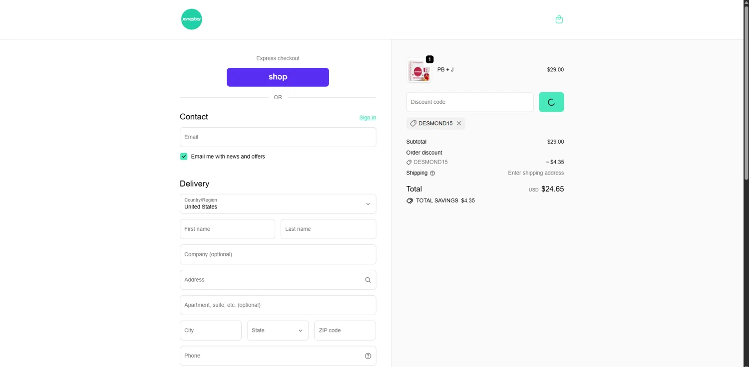 Jonesbar promo code screenshot showing code DESMOND15 applied at Jonesbar checkout page. Uploaded by SimplyCodes community member ScanWarden1089 on Dec 11, 2025