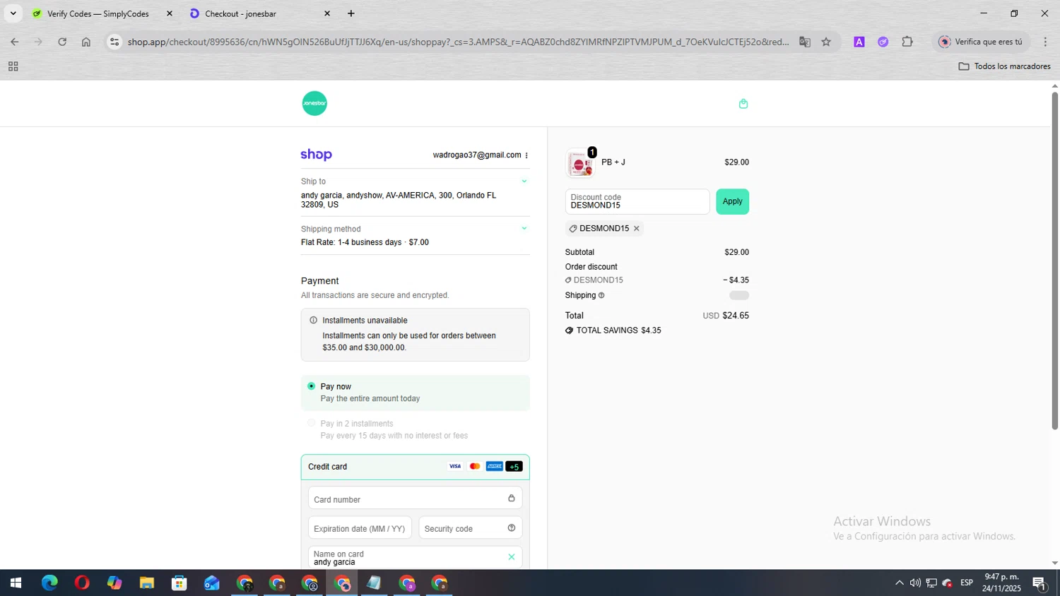 Jonesbar promo code screenshot showing code DESMOND15 applied at Jonesbar checkout page. Uploaded by SimplyCodes community member SmartShopper4328 on Nov 25, 2025