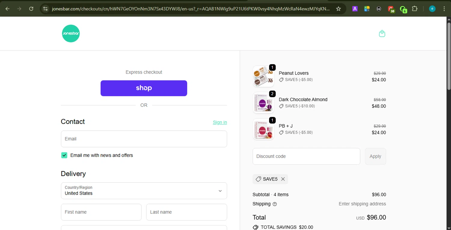 Jonesbar promo code screenshot showing code SAVE5 applied at Jonesbar checkout page. Uploaded by SimplyCodes community member PrincessCoupon on Jan 5, 2026
