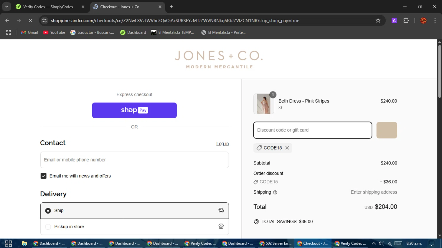 Jones + Co discount code screenshot showing code CODE15 applied at Jones + Co checkout page. Uploaded by SimplyCodes community member Rodolfo on Apr 13, 2025