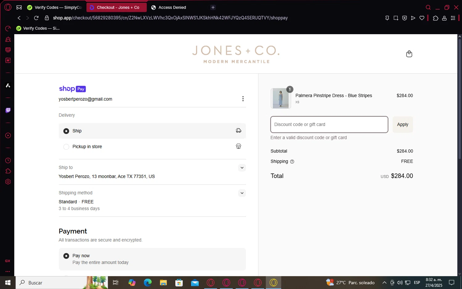 Jones + Co discount code screenshot showing code CODE15 applied at Jones + Co checkout page. Uploaded by SimplyCodes community member VoucherCollector7501 on Apr 27, 2025