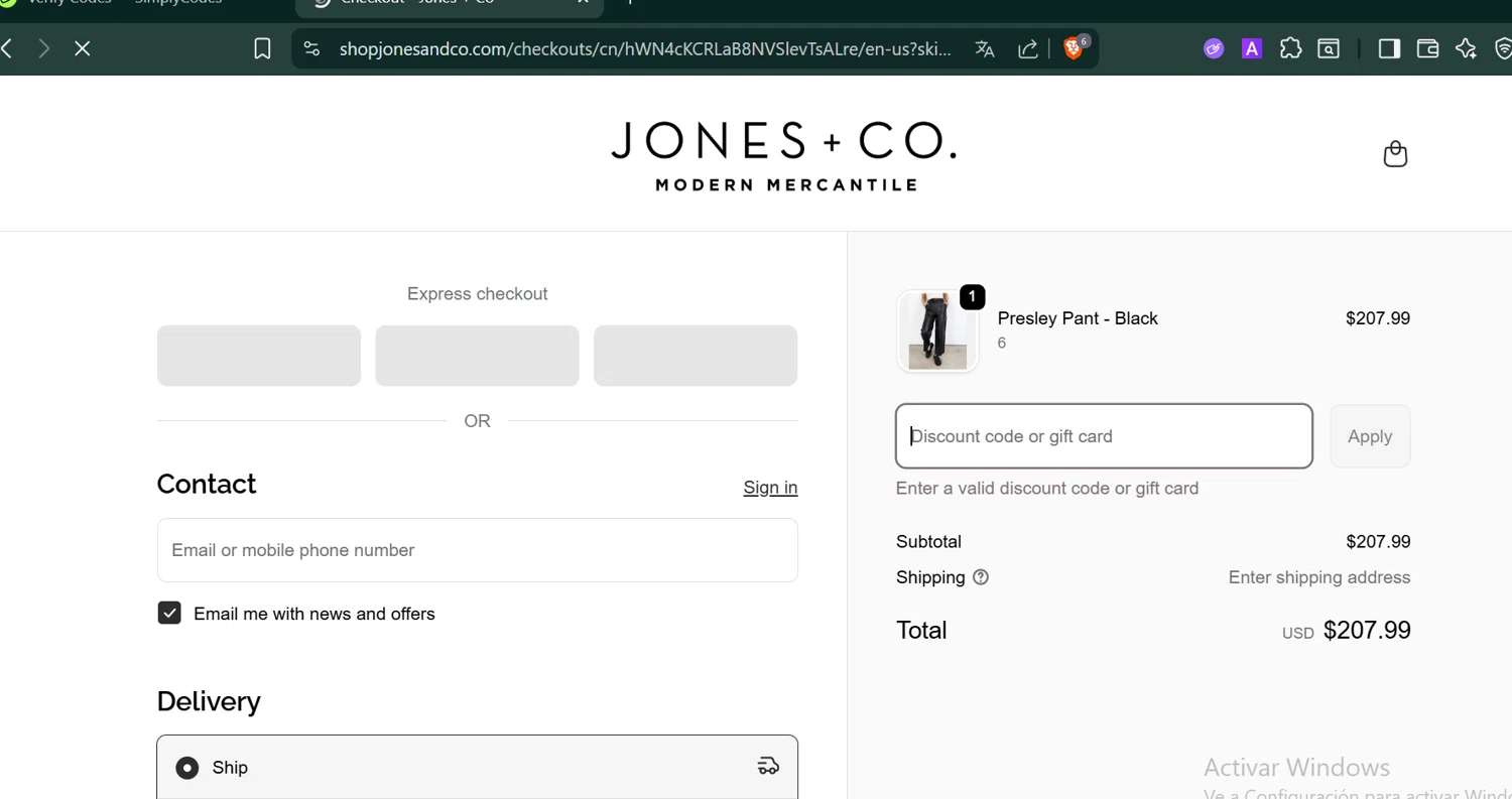 Jones + Co discount code screenshot showing code FIRST15 applied at Jones + Co checkout page. Uploaded by SimplyCodes community member PennyCaptain4684 on Oct 27, 2025