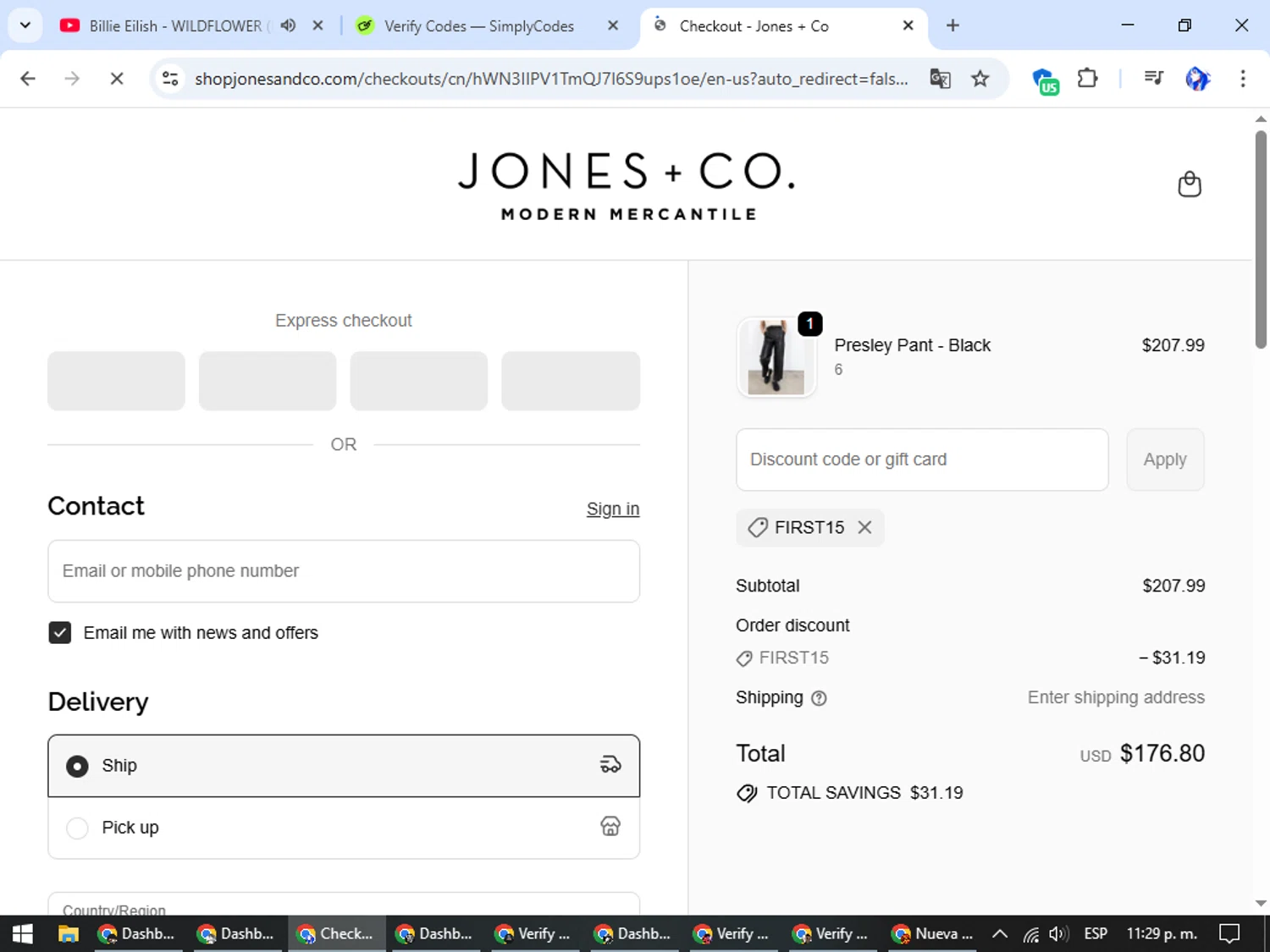Jones + Co checkout page showing Jones + Co discount code box | Screenshot taken by SimplyCodes community member on Sep 23, 2025