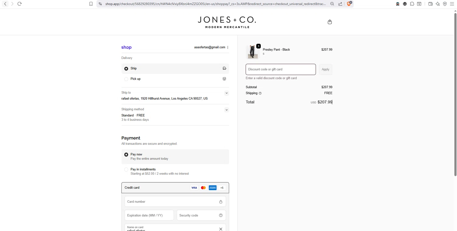 Jones + Co discount code screenshot showing code FIRST15 applied at Jones + Co checkout page. Uploaded by SimplyCodes community member dayselis15 on Oct 27, 2025