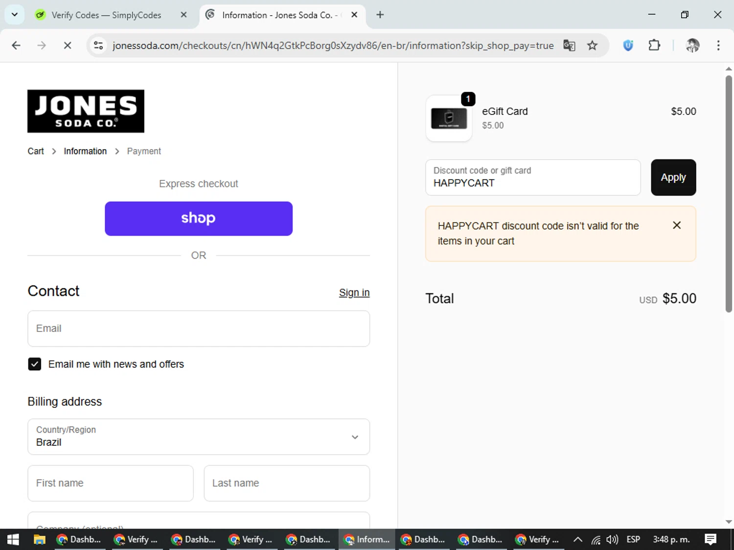 Jones Soda Co. promo code screenshot showing code HAPPYCART applied at Jones Soda Co. checkout page. Uploaded by SimplyCodes community member CleverLegend6607 on Nov 2, 2025