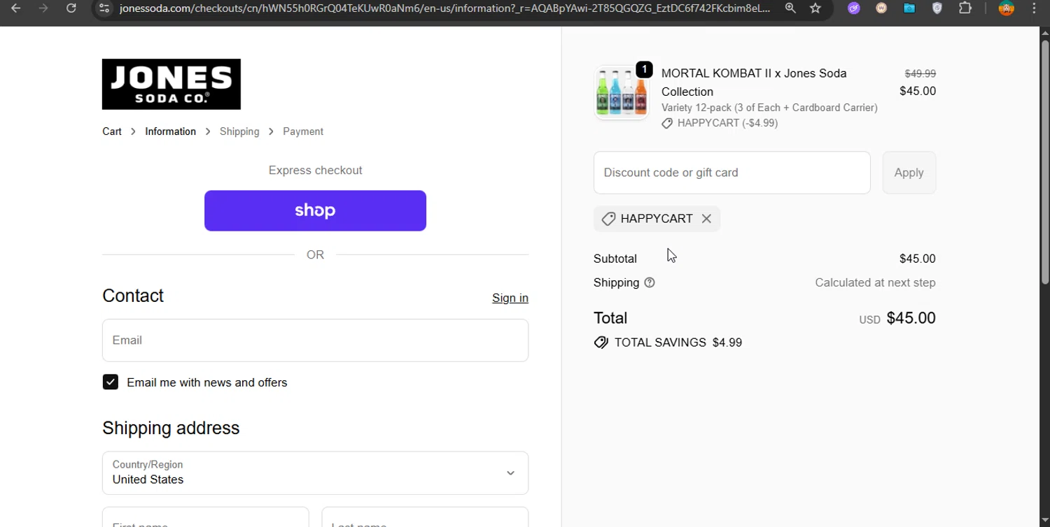 Jones Soda Co. promo code screenshot showing code HAPPYCART applied at Jones Soda Co. checkout page. Uploaded by SimplyCodes community member PrimeShopper6600 on Nov 9, 2025