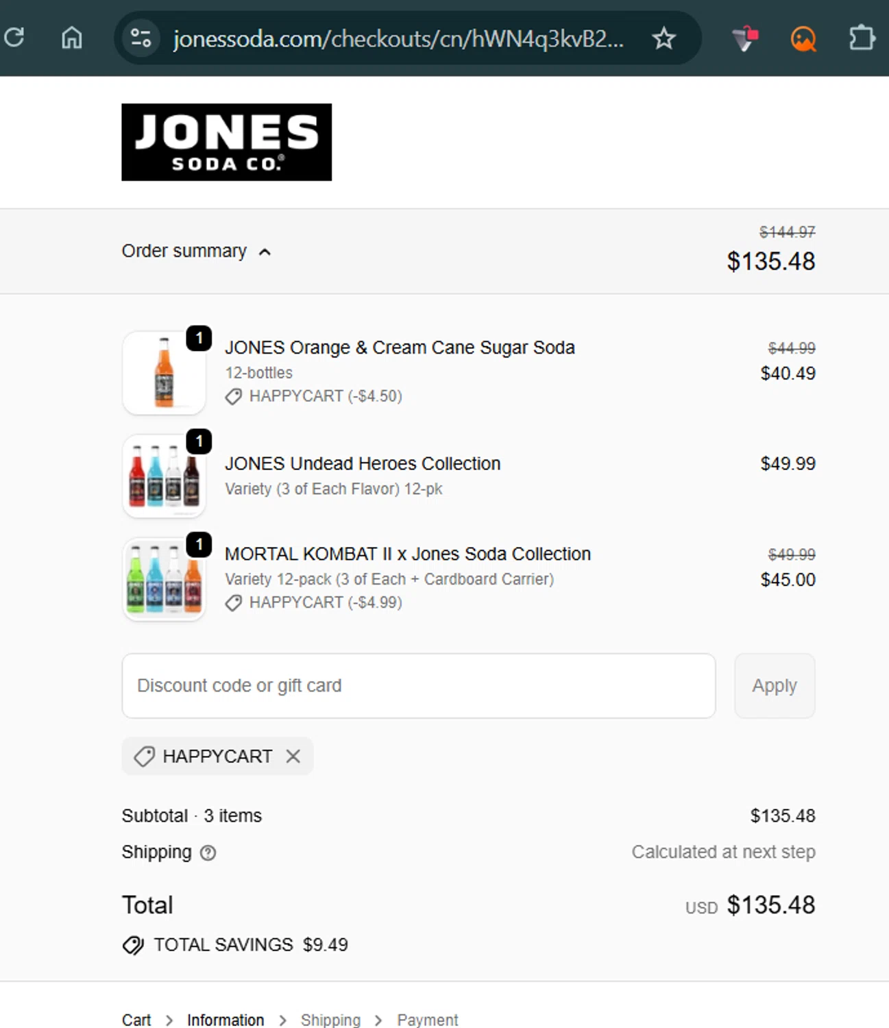 Jones Soda Co. promo code screenshot showing code HAPPYCART applied at Jones Soda Co. checkout page. Uploaded by SimplyCodes community member zhandrak on Nov 2, 2025