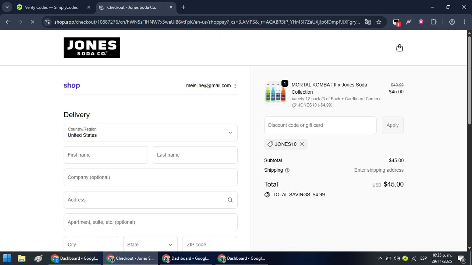 Jones Soda Co. promo code screenshot showing code jones10 applied at Jones Soda Co. checkout page. Uploaded by SimplyCodes community member RebateRanger5627 on Nov 30, 2025
