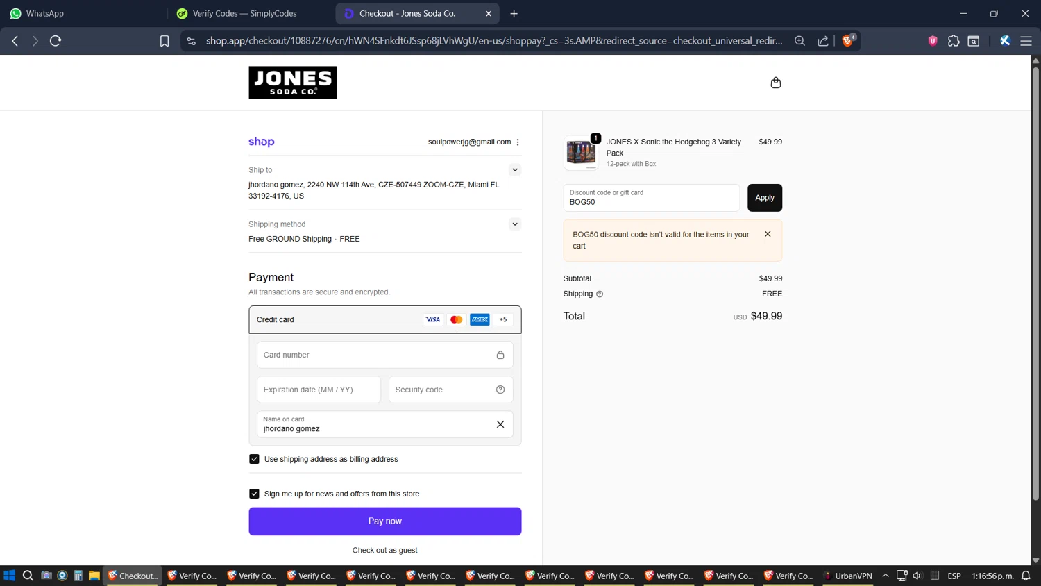 Jones Soda Co. promo code screenshot showing code BOG50 applied at Jones Soda Co. checkout page. Uploaded by SimplyCodes community member SimplyGOAT on Oct 23, 2025