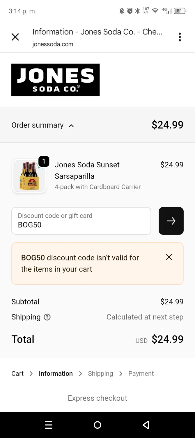 Jones Soda Co. promo code screenshot showing code BOG50 applied at Jones Soda Co. checkout page. Uploaded by SimplyCodes community member leiraM on Nov 2, 2025