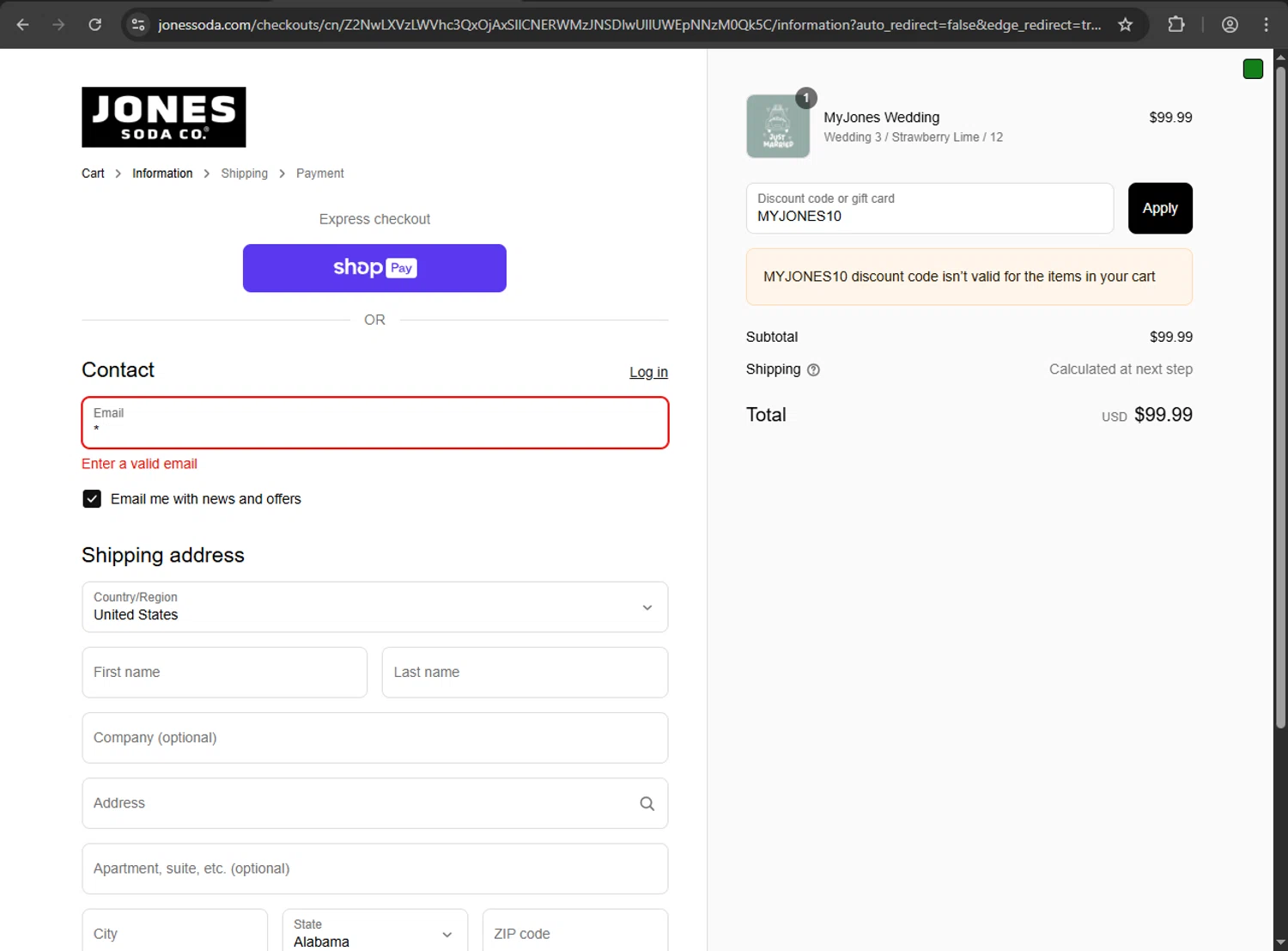 Jones Soda Co. promo code screenshot showing code MYJONES10 applied at Jones Soda Co. checkout page. Uploaded by SimplyCodes community member zzzzzzza on Jun 22, 2025