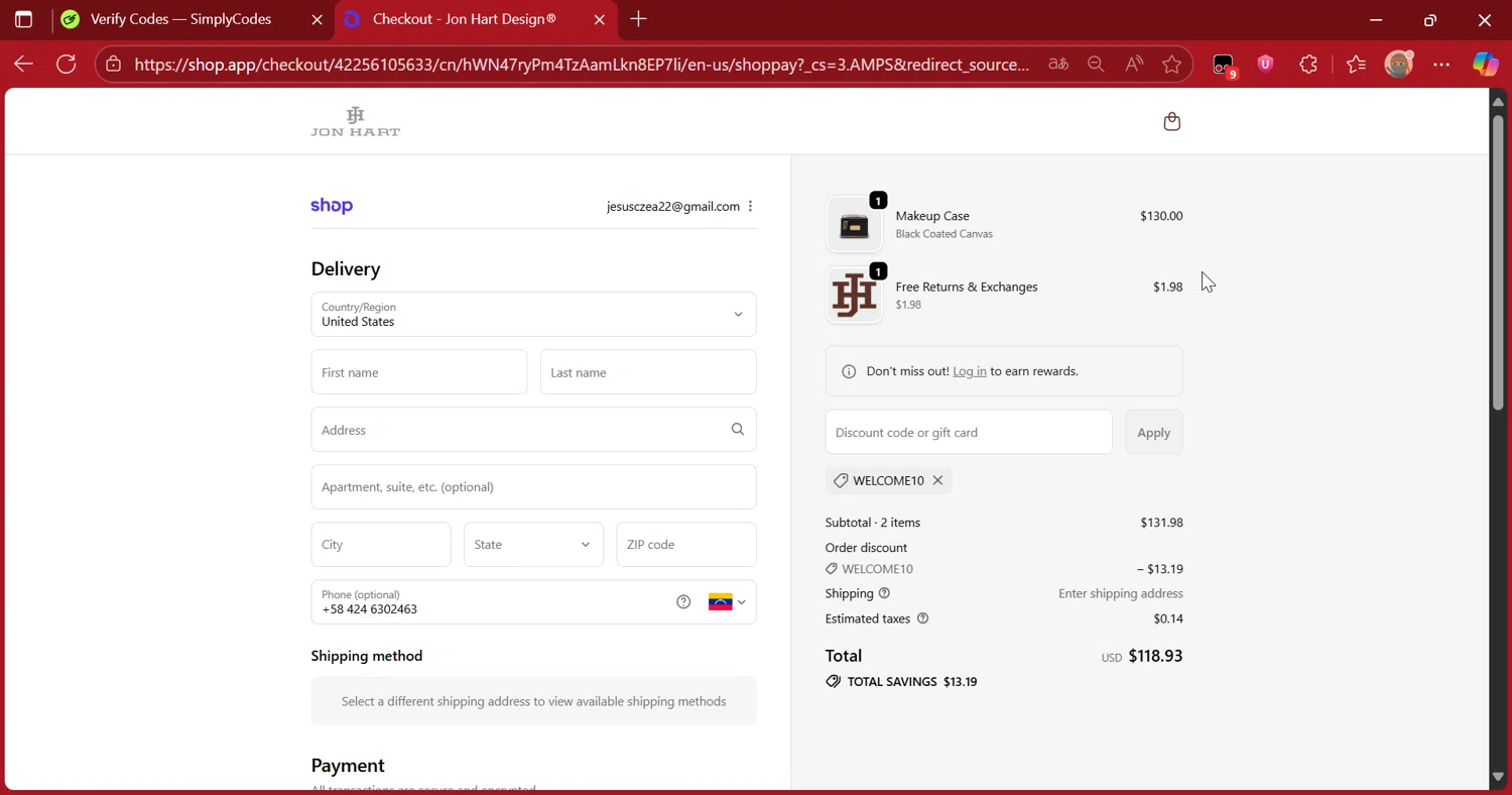Jon Hart Design coupon code screenshot showing code WELCOME10 applied at Jon Hart Design checkout page. Uploaded by SimplyCodes community member DiscountScout1417 on Oct 15, 2025