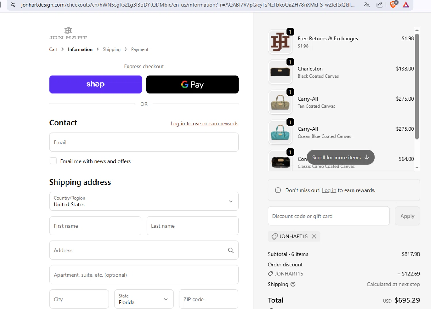 Jon Hart Design coupon code screenshot showing code JONHART15 applied at Jon Hart Design checkout page. Uploaded by SimplyCodes community member Dulce__ on Nov 30, 2025
