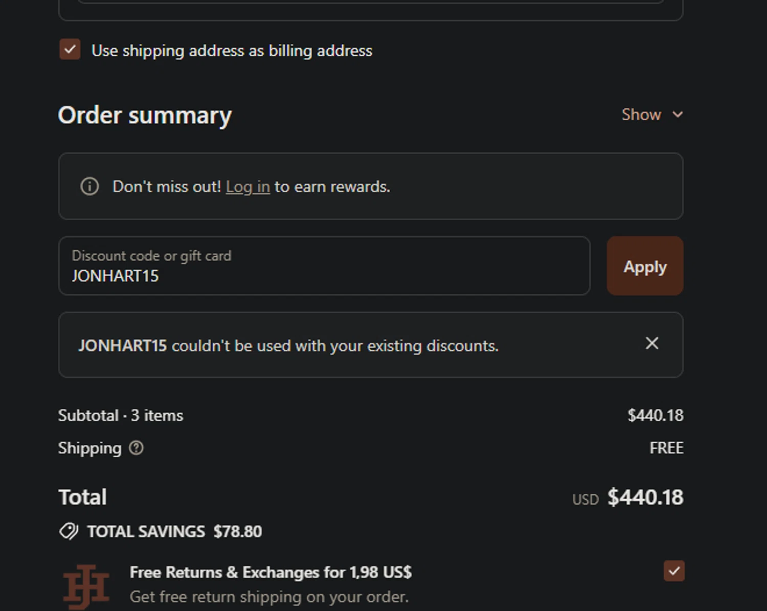 Jon Hart Design coupon code screenshot showing code JONHART15 applied at Jon Hart Design checkout page. Uploaded by SimplyCodes community member PedroNavaja on Oct 7, 2025