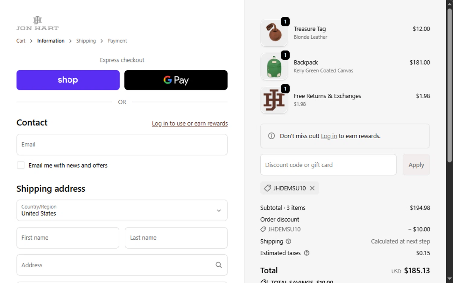 Jon Hart Design coupon code screenshot showing code JHDEMSU10 applied at Jon Hart Design checkout page. Uploaded by SimplyCodes community member Santi_ago on Oct 3, 2025