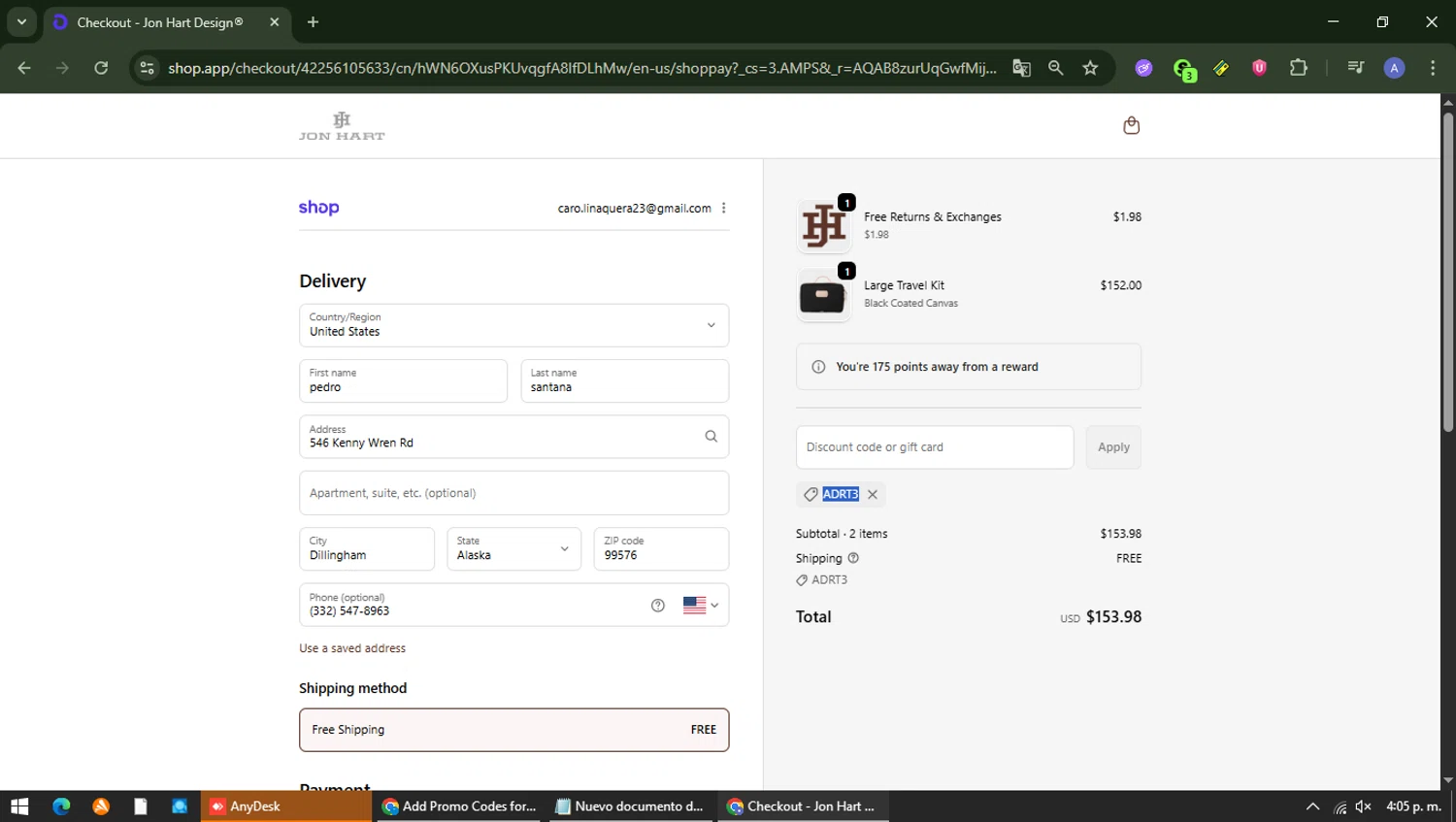 Jon Hart Design coupon code screenshot showing code ADRT3 applied at Jon Hart Design checkout page. Uploaded by SimplyCodes community member MAVESA on Dec 13, 2025