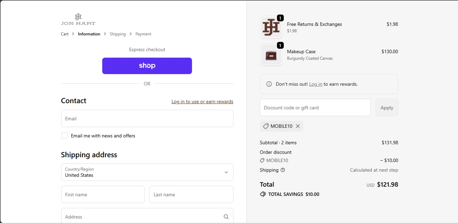 Jon Hart Design coupon code screenshot showing code MOBILE10 applied at Jon Hart Design checkout page. Uploaded by SimplyCodes community member jupitera on Nov 4, 2025