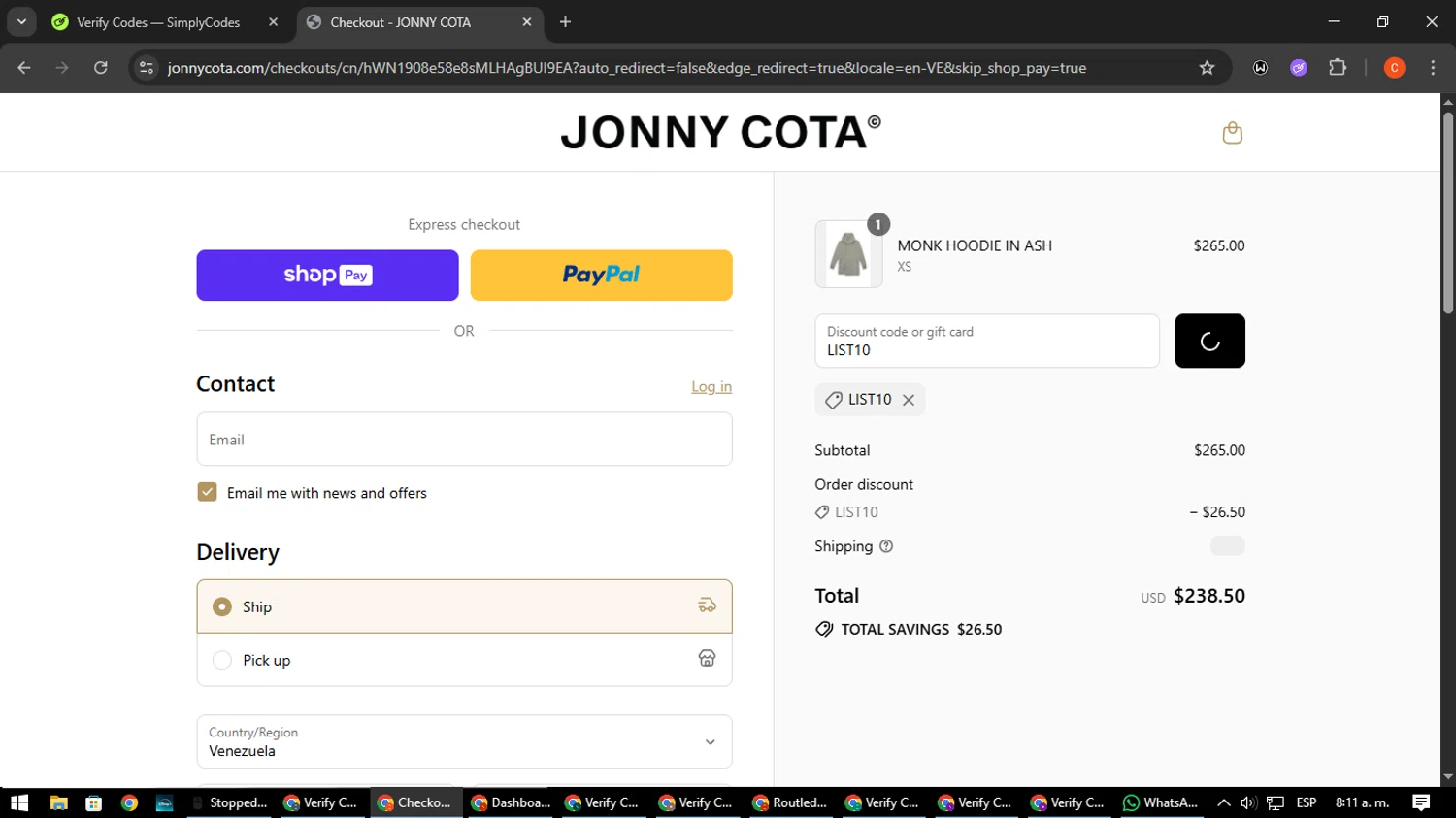 Jonny Cota promo code screenshot showing code LIST10 applied at Jonny Cota checkout page. Uploaded by SimplyCodes community member NatanaelCano on Jul 28, 2025