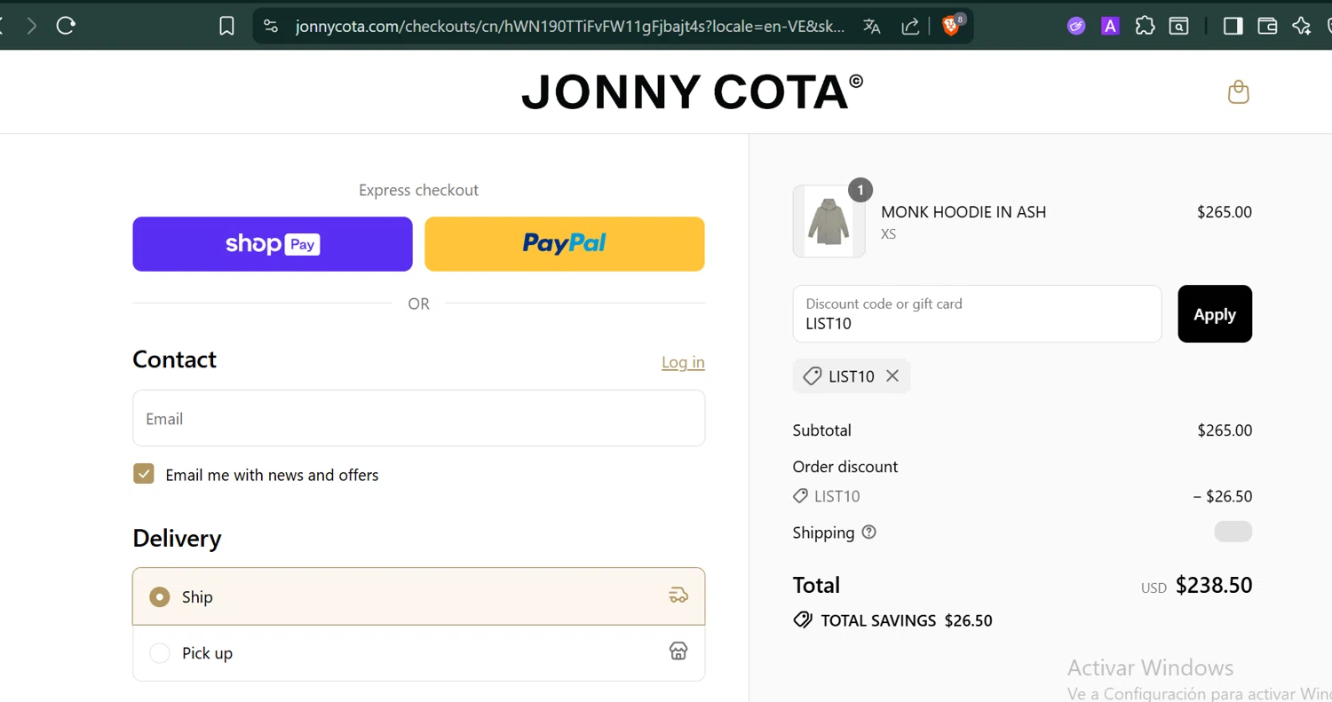 Jonny Cota promo code screenshot showing code LIST10 applied at Jonny Cota checkout page. Uploaded by SimplyCodes community member PennyCaptain4684 on Jul 28, 2025