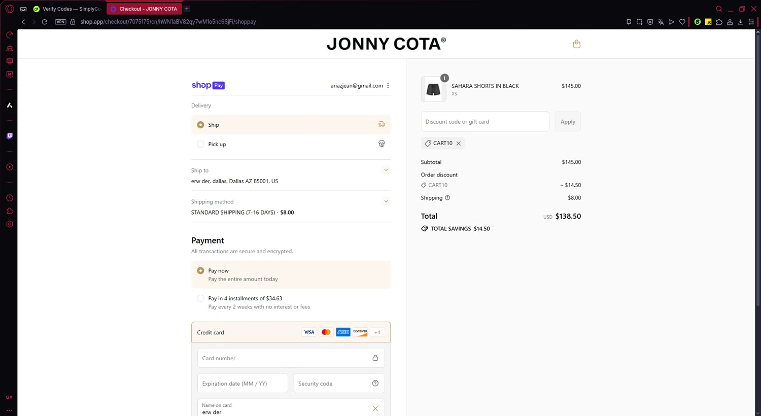 Jonny Cota promo code screenshot showing code CART10 applied at Jonny Cota checkout page. Uploaded by SimplyCodes community member Chris_bumstead on Aug 9, 2025