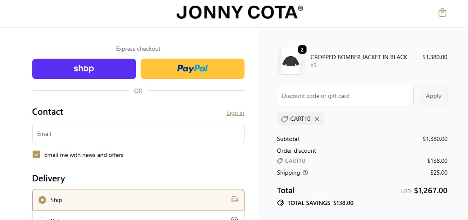 Jonny Cota promo code screenshot showing code CART10 applied at Jonny Cota checkout page. Uploaded by SimplyCodes community member MordeKaiser on Oct 6, 2025