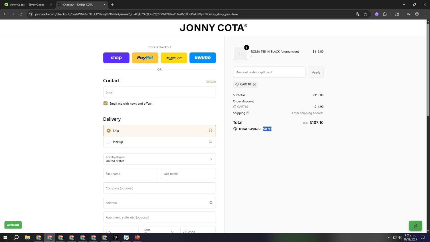 Jonny Cota promo code screenshot showing code CART10 applied at Jonny Cota checkout page. Uploaded by SimplyCodes community member ooooooooooooooooooo on Dec 10, 2025