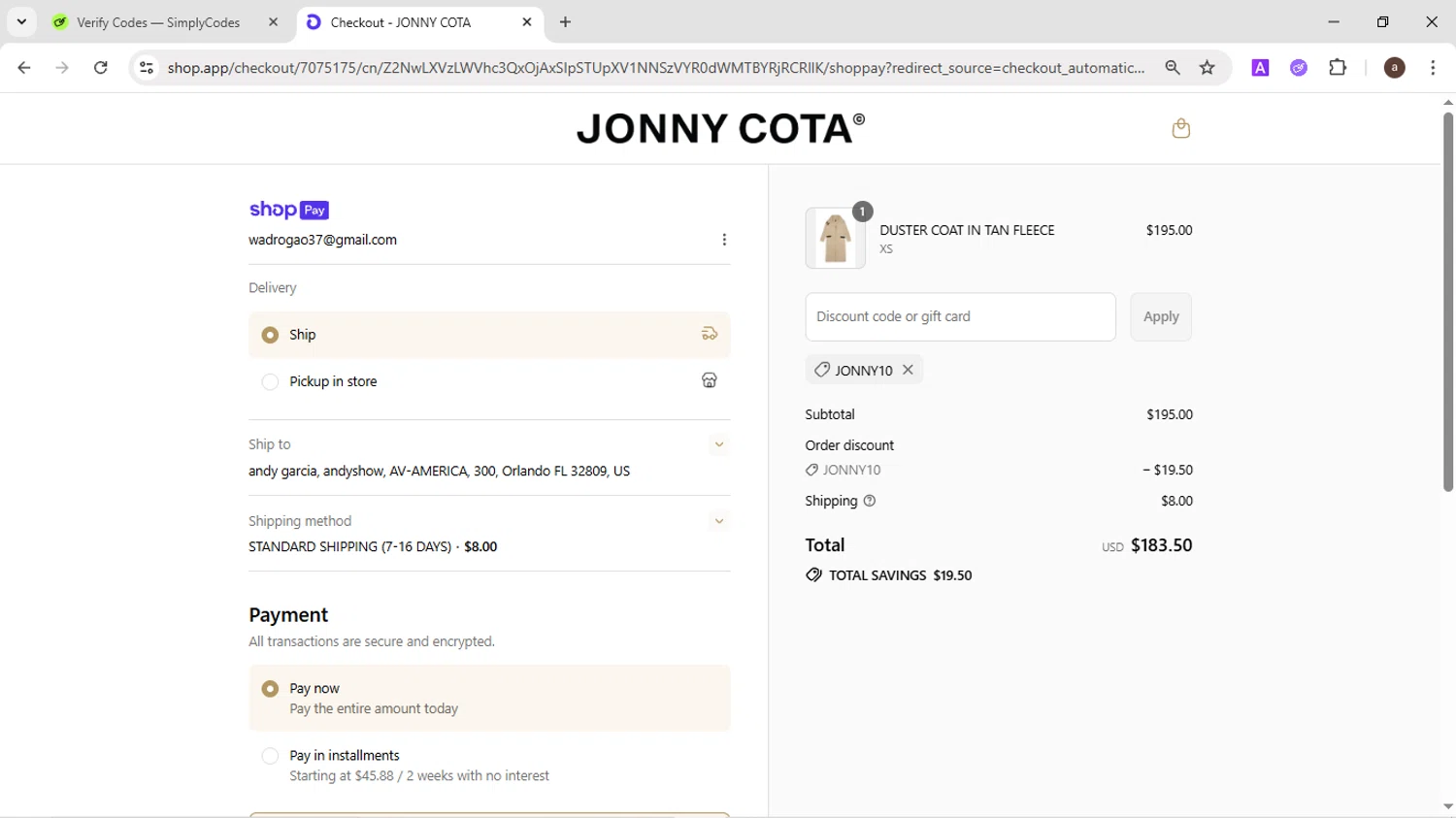Jonny Cota promo code screenshot showing code JONNY10 applied at Jonny Cota checkout page. Uploaded by SimplyCodes community member CodeMaverick246 on Jul 9, 2025