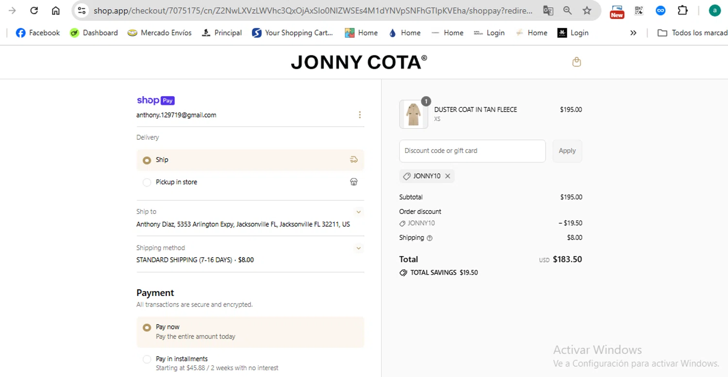 Jonny Cota promo code screenshot showing code JONNY10 applied at Jonny Cota checkout page. Uploaded by SimplyCodes community member anthonydiaz1 on Jul 1, 2025