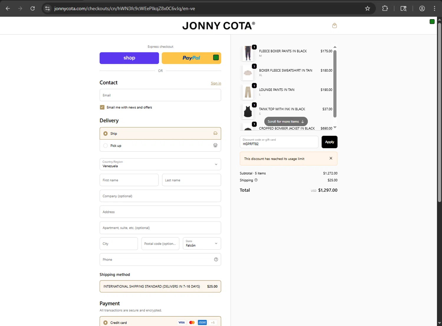 Jonny Cota promo code screenshot showing code HGPRFT82 applied at Jonny Cota checkout page. Uploaded by SimplyCodes community member Aljondris97 on Oct 3, 2025